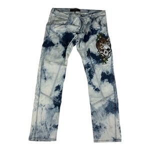Reason Men's Skull Leopard Embroidered Tie-Dye Distressed Jeans Size 42
